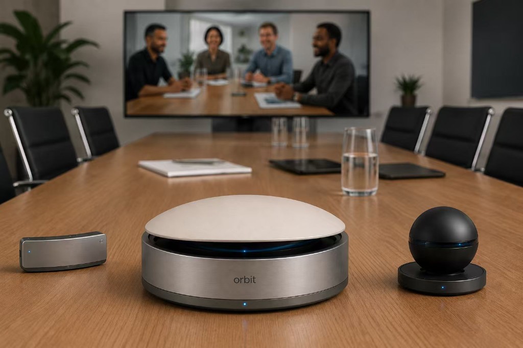 Orbit Box, satellite and sphere in a meeting room